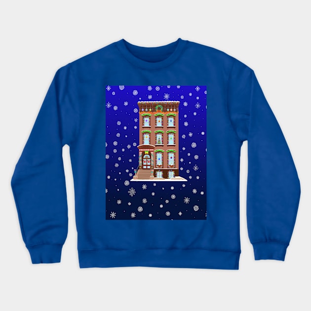 Christmas Decorated Brooklyn Brownstone Crewneck Sweatshirt by Art by Deborah Camp